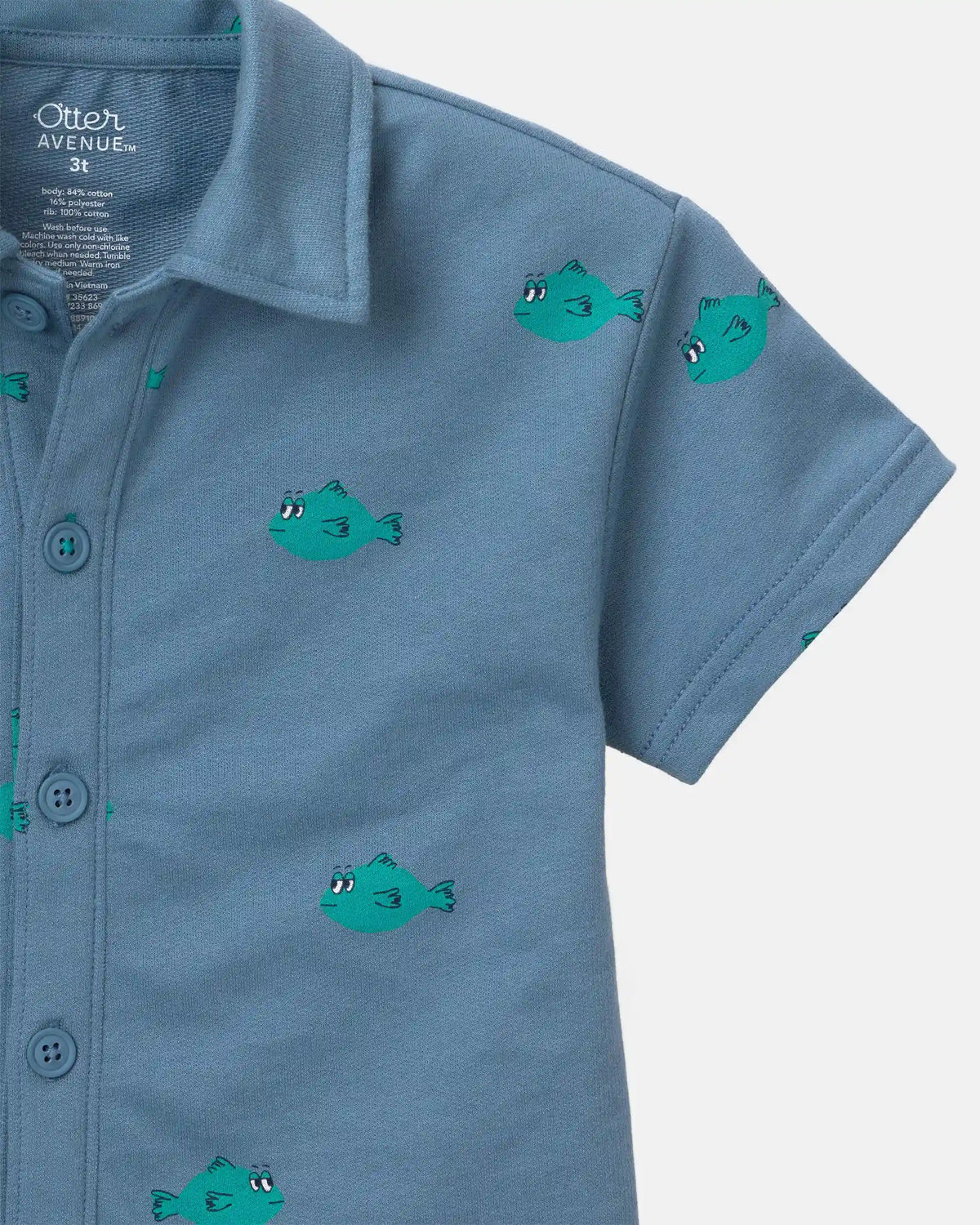Toddler Boy Button-Down Short-Sleeve Shirt in Fish Print - Slate Blue
