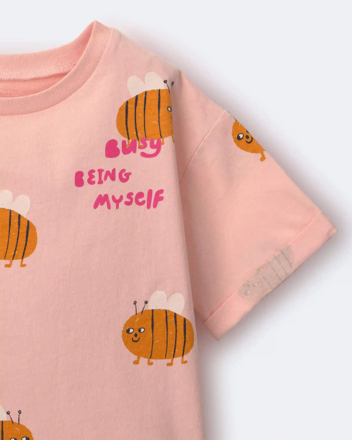 Toddler Girl Rolled Cuff Tee in Bee Print - Light Pink