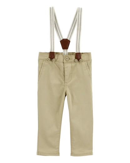 Baby Boy Twill Suspender Pants - Khaki