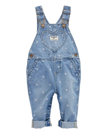 Baby Heart-Print Knit Denim Overalls - Blue