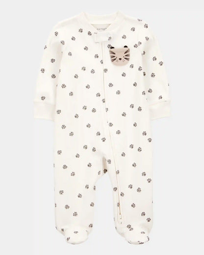 Baby Tiger Print 2-Way Zip Cotton Sleep & Play Pajamas - Ivory
