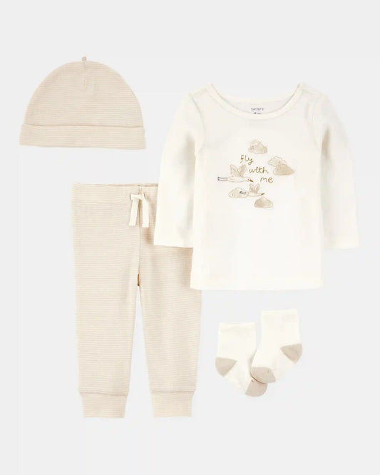Baby 4-Piece Cloud Print Outfit Set - White/Tan