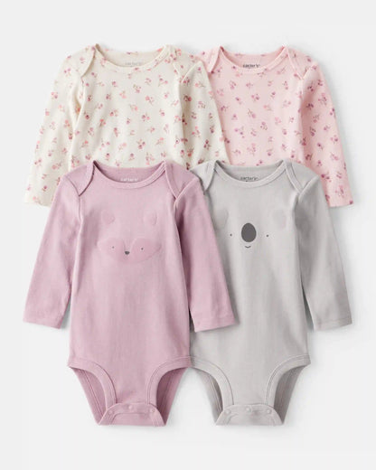 Baby Girl 4-Pack Koala Print Cotton Long-Sleeve Multipack Bodysuits - Multi