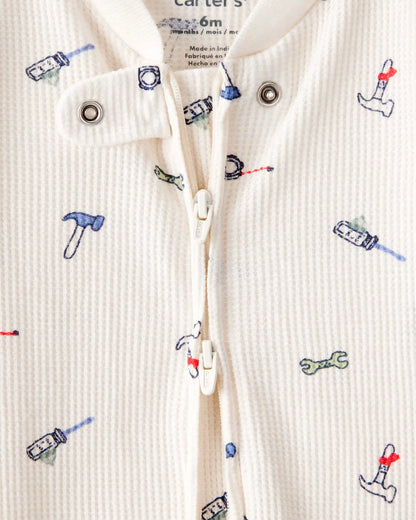 Baby Boy Construction Print Cotton Long-Sleeve Snug Fit Sleep & Play Pajamas - White