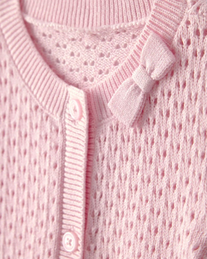 Baby Girl Bow Pointelle Button-Up Cardigan Sweater - Pink