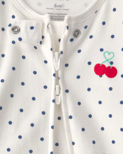 Baby Girl Cherry 2-Way Zip 100% Cotton Sleep & Play Pajama - White