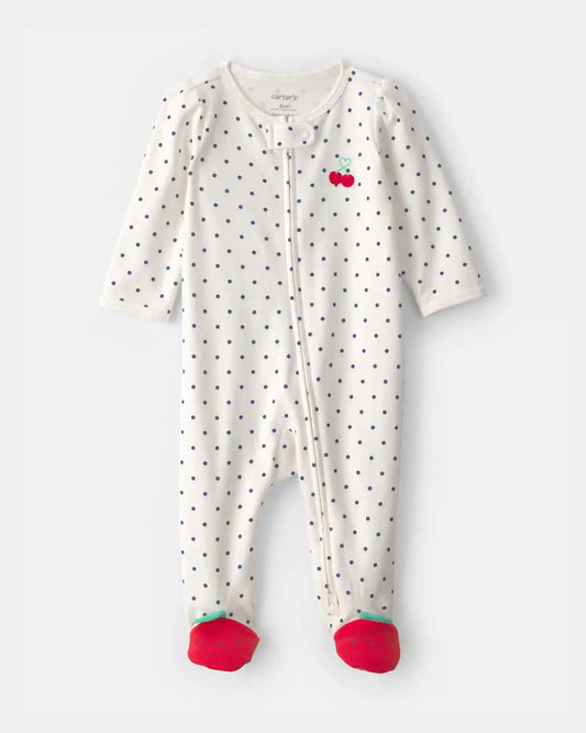 Baby Girl Cherry 2-Way Zip 100% Cotton Sleep & Play Pajama - White