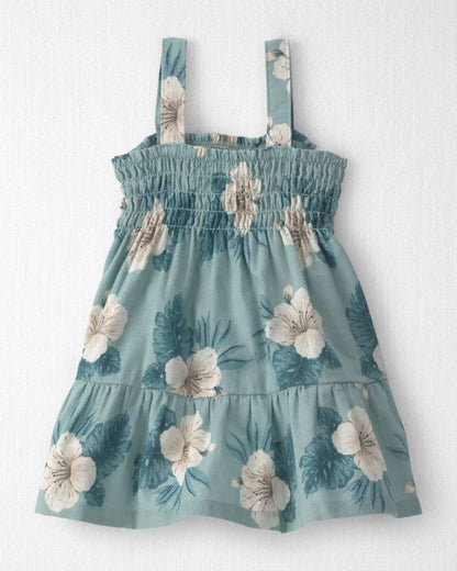 Baby Girl Smocked Linen Dress Made with Organic Cotton in Blue Hibiscus