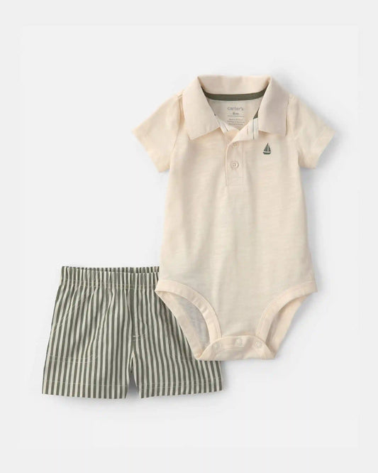 Baby Boy 2-Piece Polo Shirt & Short Set - Cream/Green