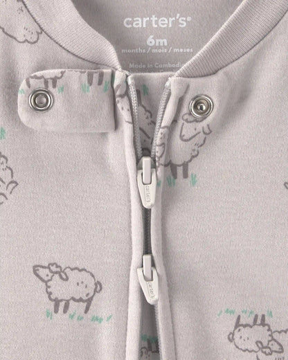 Baby Sheep 100% Cotton 2-Way Zip Sleep & Play Pajamas - Grey