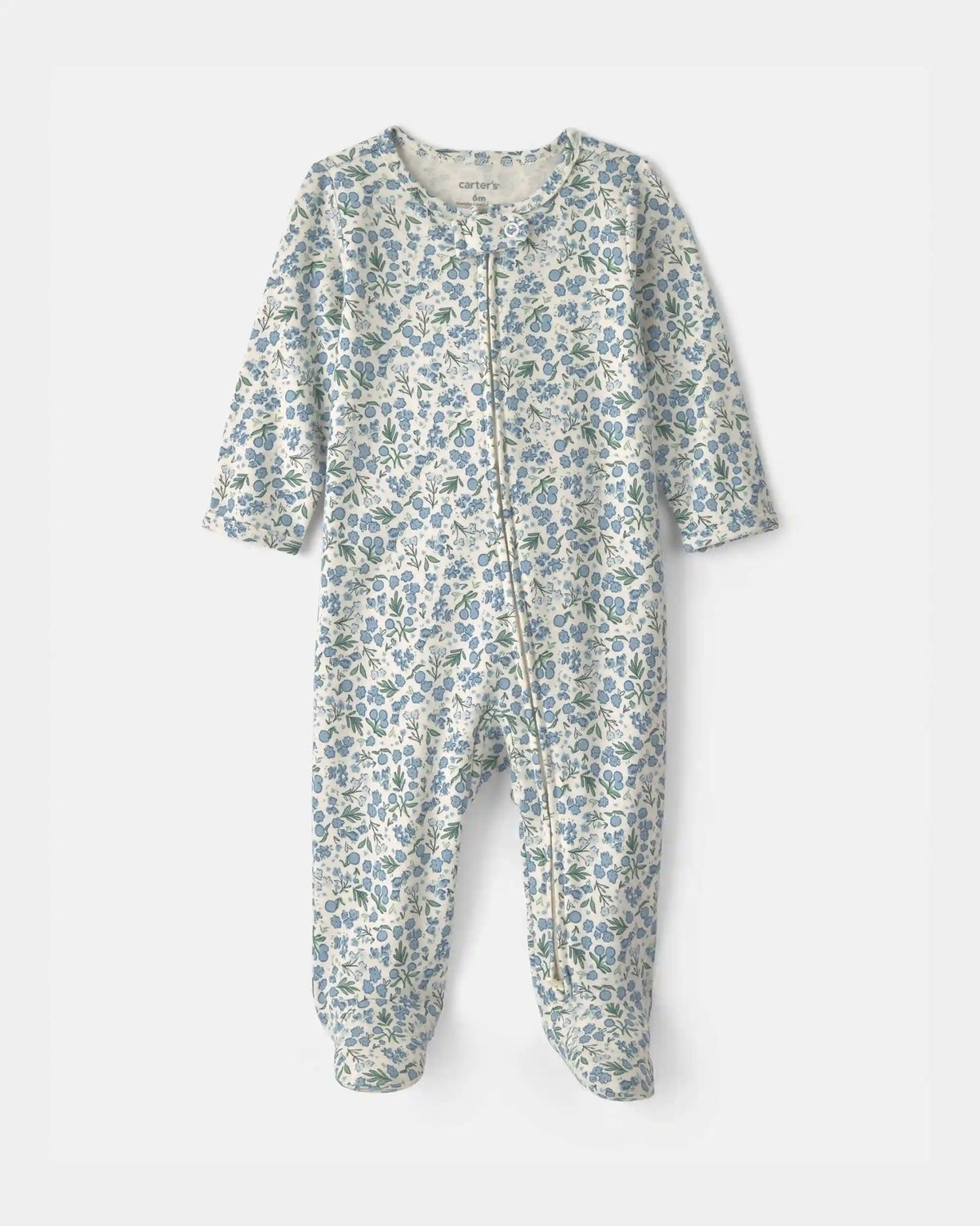 Baby Girl Floral 100% Cotton 2-Way Zip Sleep & Play Pajamas - Blue/Ivory