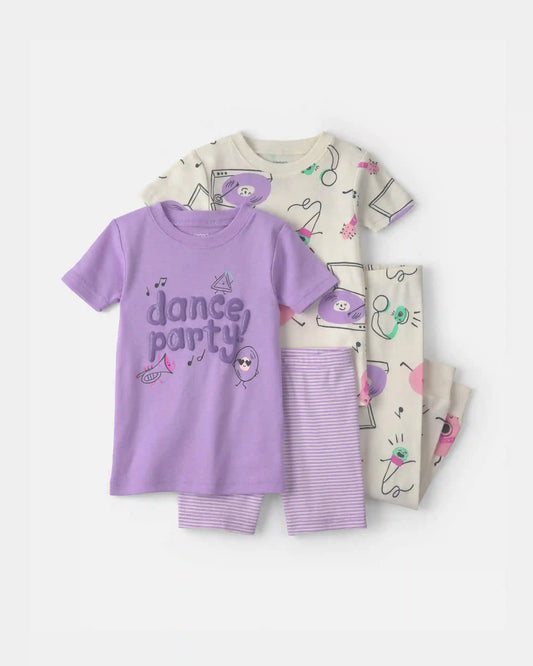 Baby Girl Dance 100% Cotton 4-Piece Pajama Set - Purple/Ivory