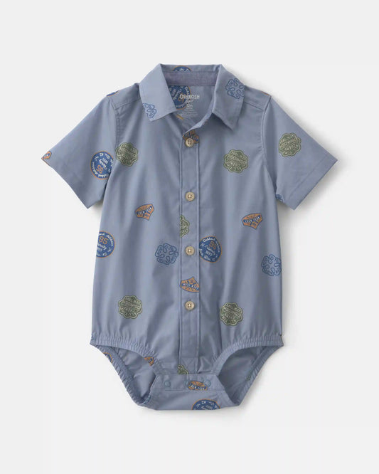 Baby Boy Patchwork Poplin Short-Sleeve Button-Down Bodysuit - Blue