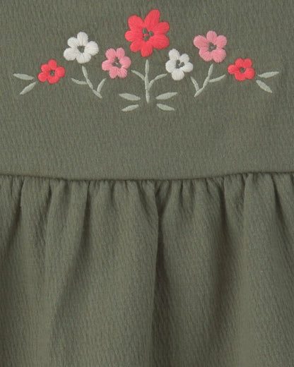 Baby Girl Flower Embroidered Sleeveless Dress - Green