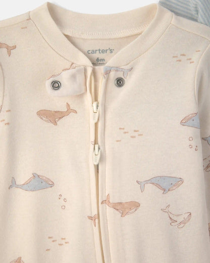 Baby 2-Pack Whale Striped 100% Cotton 2-Way Zip Sleep & Play Pajamas - Blue/Ivory