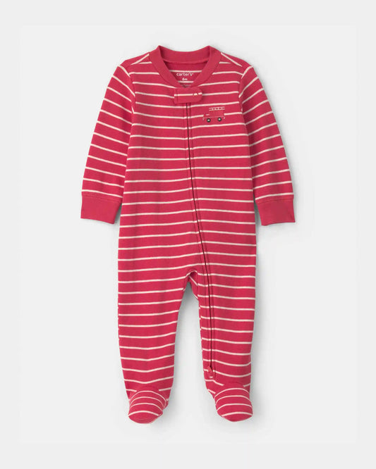 Baby Boy Firetruck Striped 100% Cotton 2-Way Zip Sleep & Play Pajamas - Red