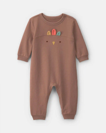 Baby Turkey Thanksgiving French Terry Long-Sleeve Jumpsuit - Brown
