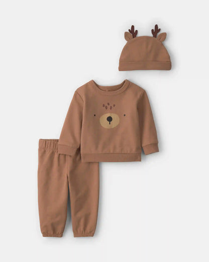 Baby 3-Piece Reindeer Christmas Long-Sleeve Top & Pant Set - Brown