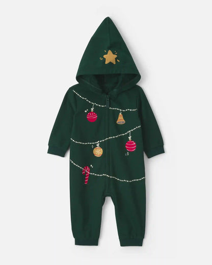 Baby Christmas Tree French Terry Long-Sleeve Jumpsuit - Green