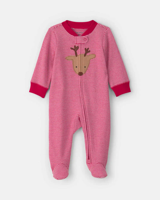 Baby Reindeer 100% Cotton 2-Way Zip Sleep & Play Pajamas - Red