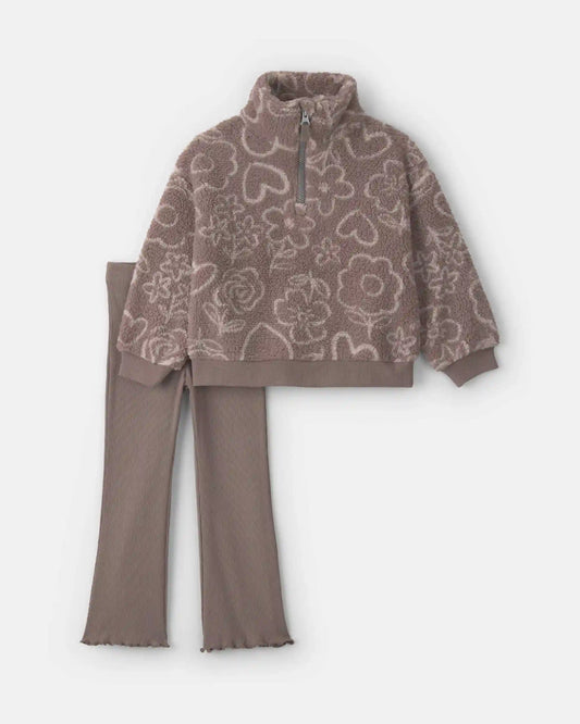 Baby Girl 2-Piece Heart Teddy Fleece Long-Sleeve Top & Pant Set - Brown