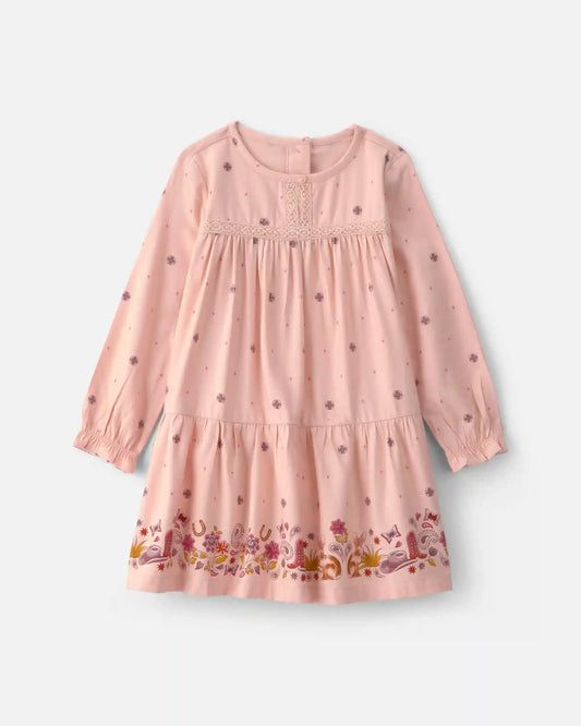 Baby Girl Floral Twill Long-Sleeve Dress - Pink