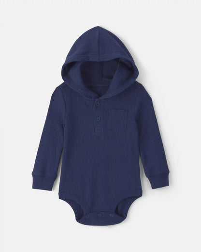 Baby Boy Thermal Long-Sleeve Hooded Bodysuit - Navy Blue