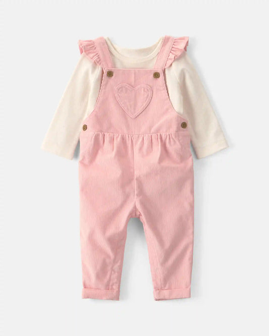 Baby Girl 2-Piece Heart Corduroy Overall Set - Pink