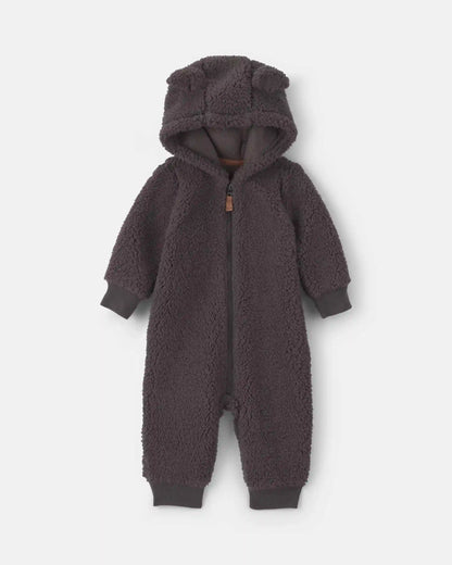 Baby Boy Dog Teddy Fleece Long-Sleeve Jumpsuit - Grey
