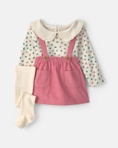Baby Girl 3-Piece Floral Corduroy Long-Sleeve Dress Set - Pink/Cream
