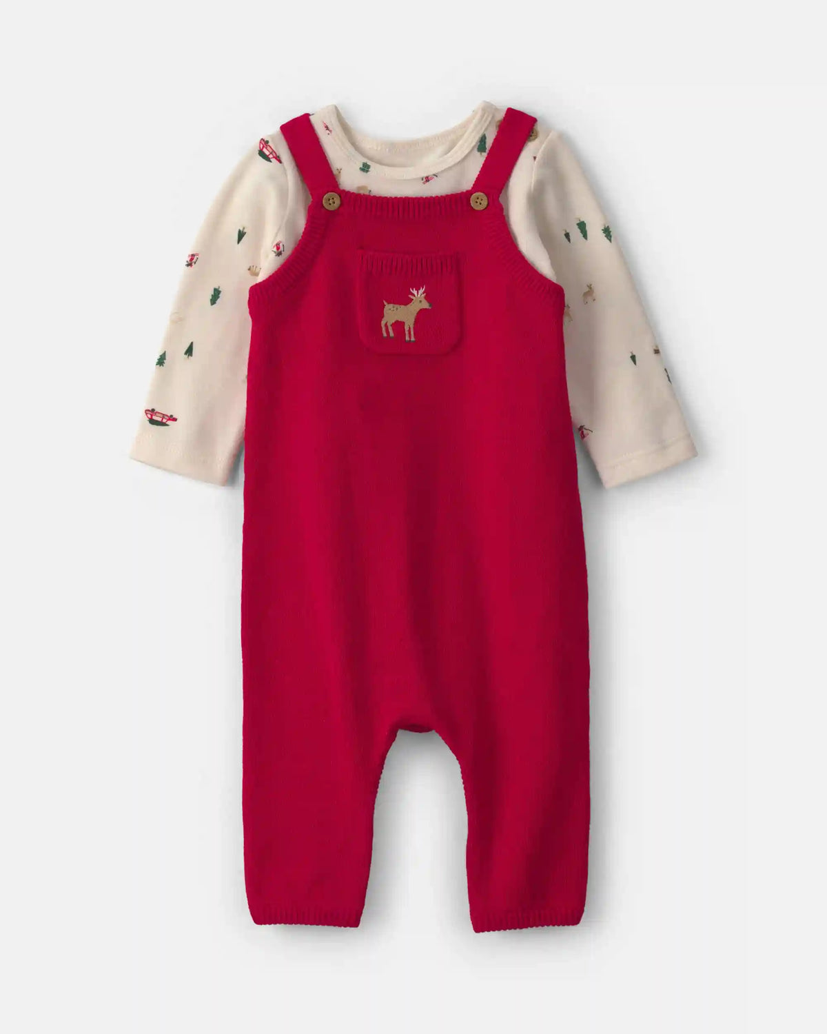 Baby Boy 2-Piece Reindeer Long-Sleeve Sweater Overall Set - Red/Cream