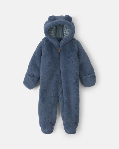 Baby Boy Bear Teddy Fleece Long-Sleeve Jumpsuit - Blue