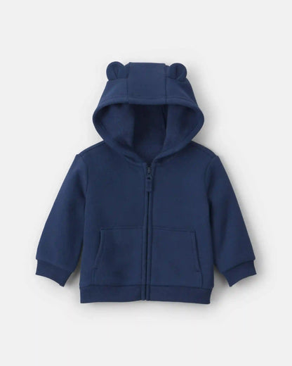 Baby Boy Bear Fleece Zip-Up Hoodie - Navy Blue