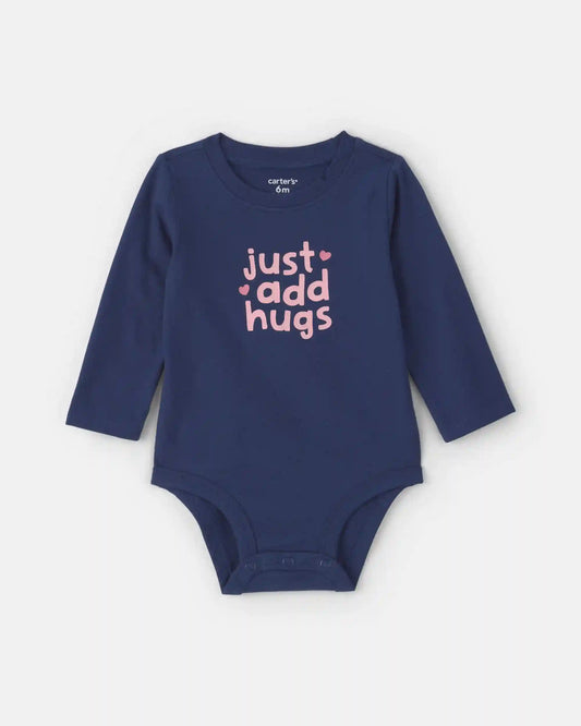 Baby Girl 'Just Add Hugs' Long-Sleeve Graphic Bodysuit - Navy Blue