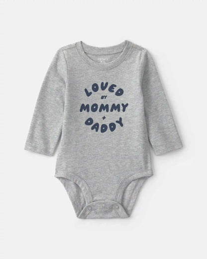 Baby Boy 'Loved By Mommy & Daddy' Long-Sleeve Graphic Bodysuit - Grey
