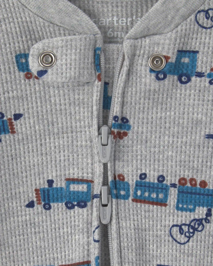 Baby Boy Train Cotton 2-Way Zip Thermal Sleep & Play Pajamas - Grey