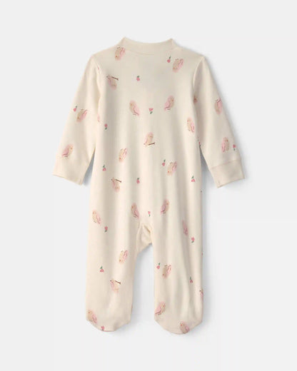 Baby Girl Owl 100% Cotton 2-Way Zip Sleep & Play Pajamas - Cream