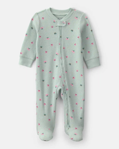 Baby Girl Butterfly Cotton 2-Way Zip Thermal Sleep & Play Pajamas - Green