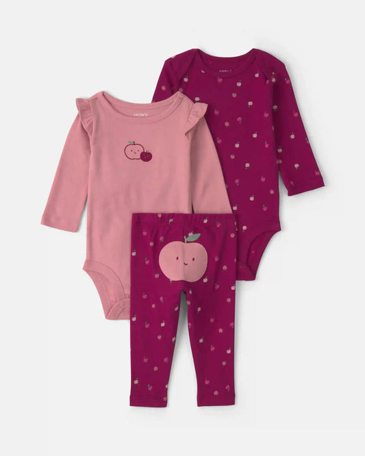 Baby Girl 3-Piece Apple Long-Sleeve Bodysuit & Pant Set - Burgundy/Pink
