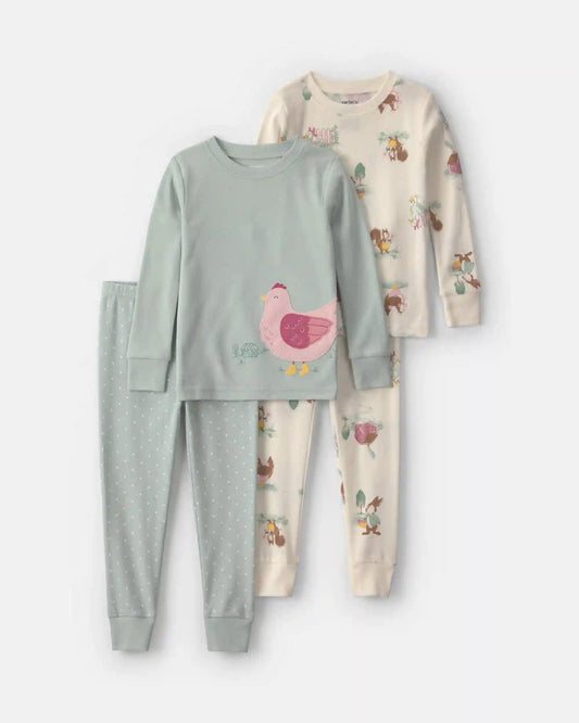 Baby Girl 4-Piece Country Chicken 100% Cotton Snug Fit Pajama Set - Blue/Cream