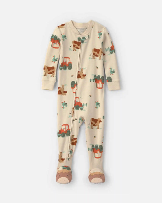 Baby Boy 1-Piece Farm 2-Way Zip 100% Cotton Snug Fit Footed Pajama - Cream