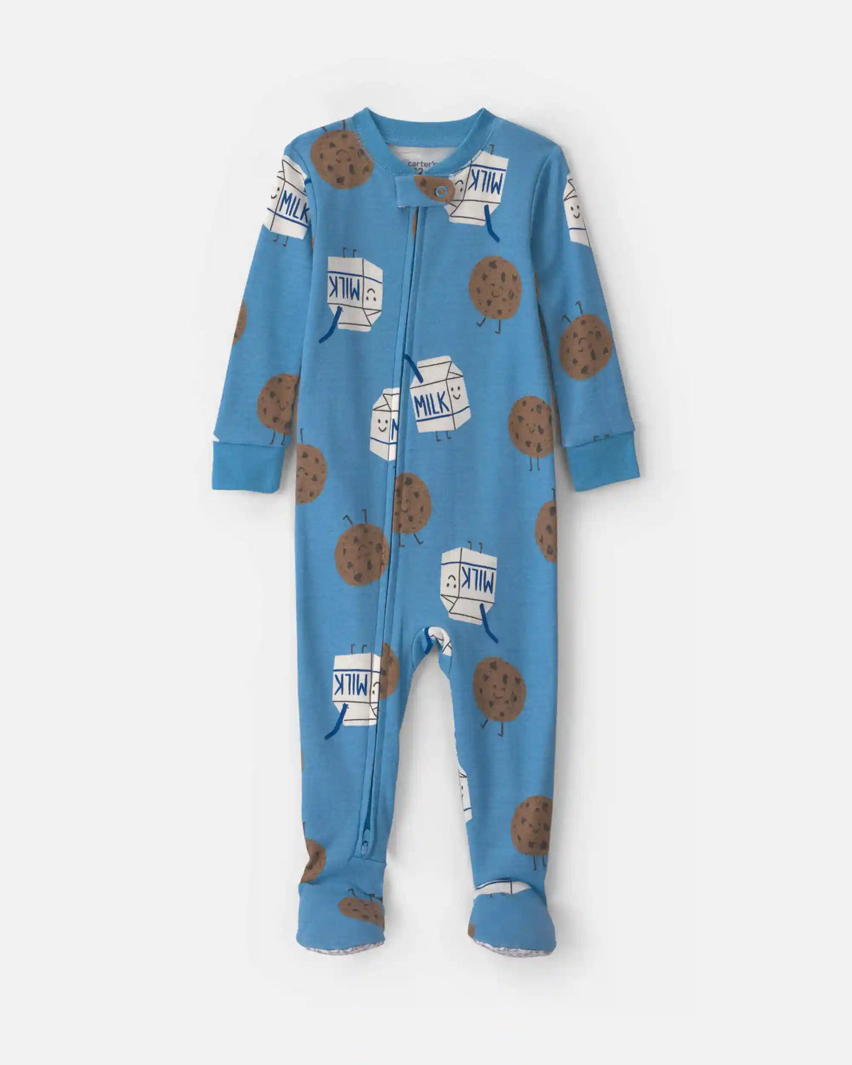 Baby Boy 1-Piece Milk & Cookies 2-Way Zip 100% Cotton Snug Fit Footed Pajama - Blue