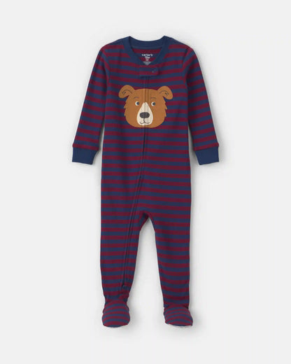 Baby Boy 1-Piece Dog Striped 2-Way Zip 100% Cotton Snug Fit Footed Pajama - Burgundy/Blue