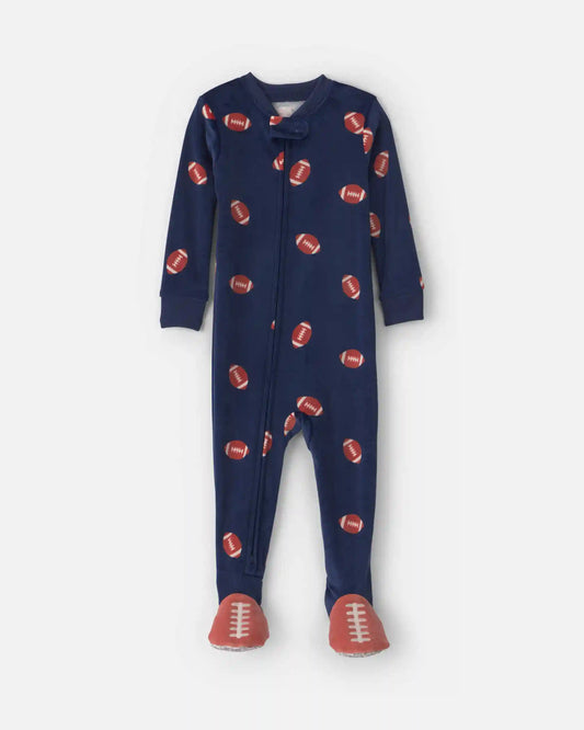 Baby Boy 1-Piece Football 2-Way Zip DreamPlush Snug Fit Footed Pajama - Navy Blue