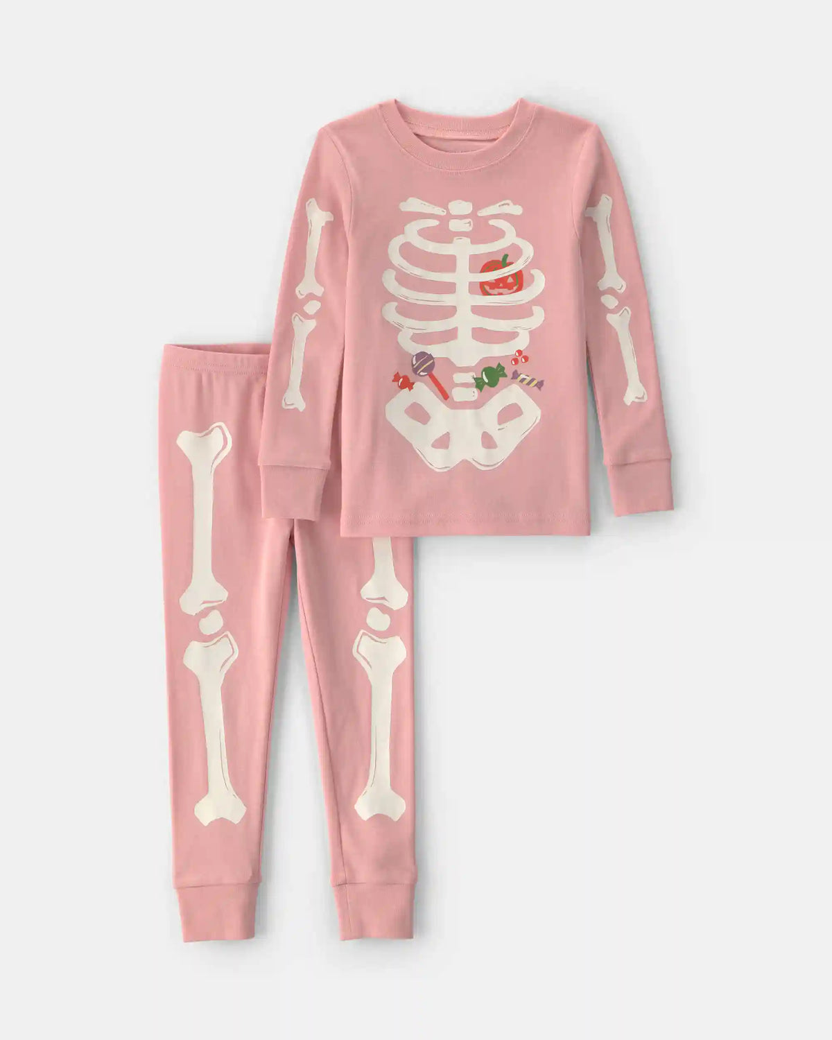 Baby Girl 2-Piece Halloween Glow in the Dark Skeleton 100% Cotton Snug Fit Pajama Set - Pink