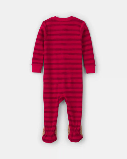 Baby 1-Piece Striped Reindeer 2-Way Zip 100% Cotton Snug Fit Footed Pajama - Red