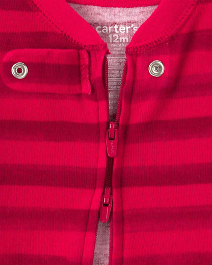 Baby 1-Piece Striped Reindeer 2-Way Zip 100% Cotton Snug Fit Footed Pajama - Red
