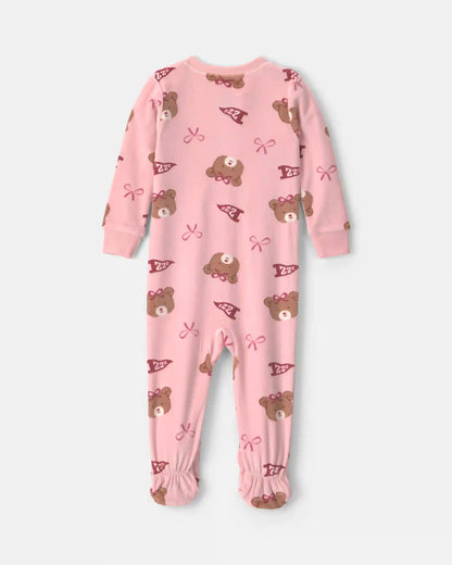 Baby Girl 1-Piece Bears & Bows 2-Way Zip DreamPlush Snug Fit Footed Pajama - Pink