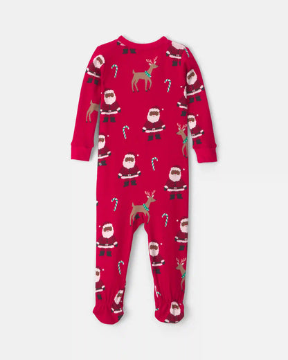 Baby 1-Piece Brown Santa Christmas 2-Way Zip 100% Cotton Snug Fit Footed Pajama - Red