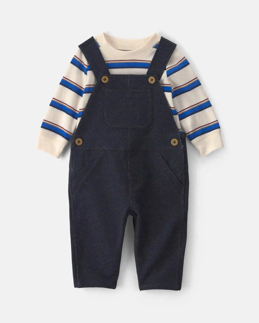 Baby Boy 2-Piece Striped French Terry Long-Sleeve Overall Set - Indigo/Cream